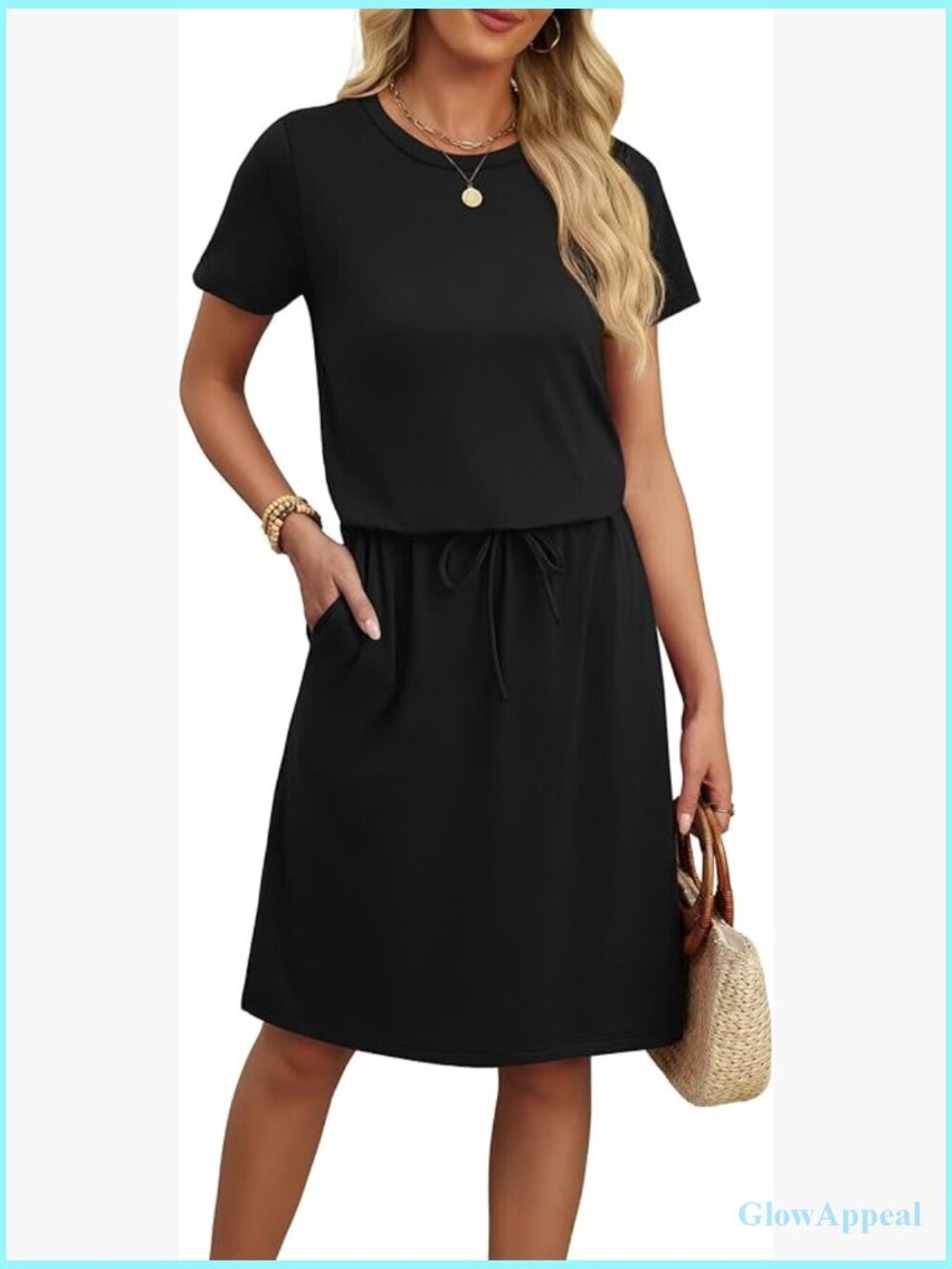 Summer Casual Short Sleeve Tie Waist Dress with Pockets